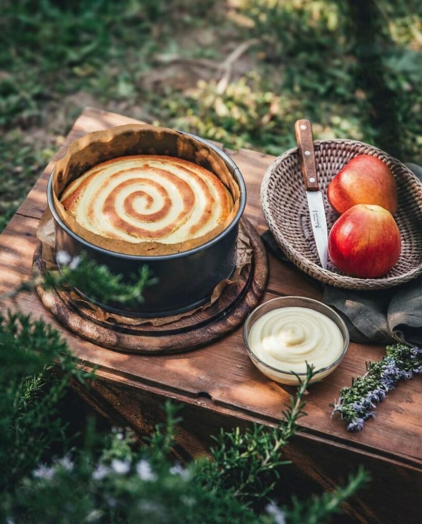 torta di mele e crema pasticcera a spirale vista dall'alto appena sfornata